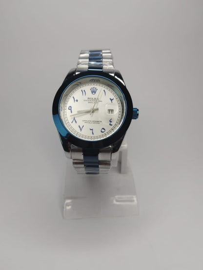 Rolex Silver Arabic Dial Watch – Blue Accents