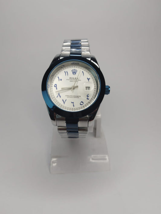 Rolex Silver Arabic Dial Watch – Blue Accents