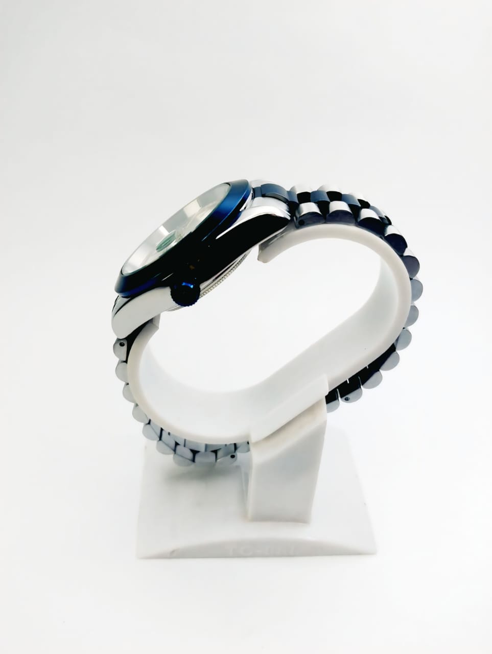 Rolex Silver Arabic Dial Watch – Blue Accents